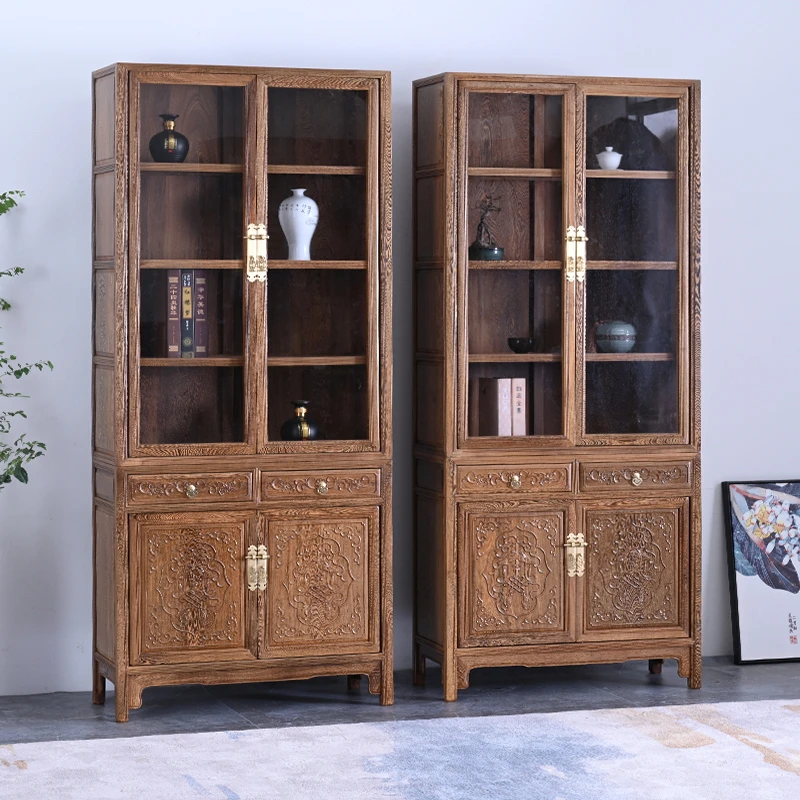 红木家具鸡翅木书柜书房实木书架带玻璃门组合储物柜中式展示柜