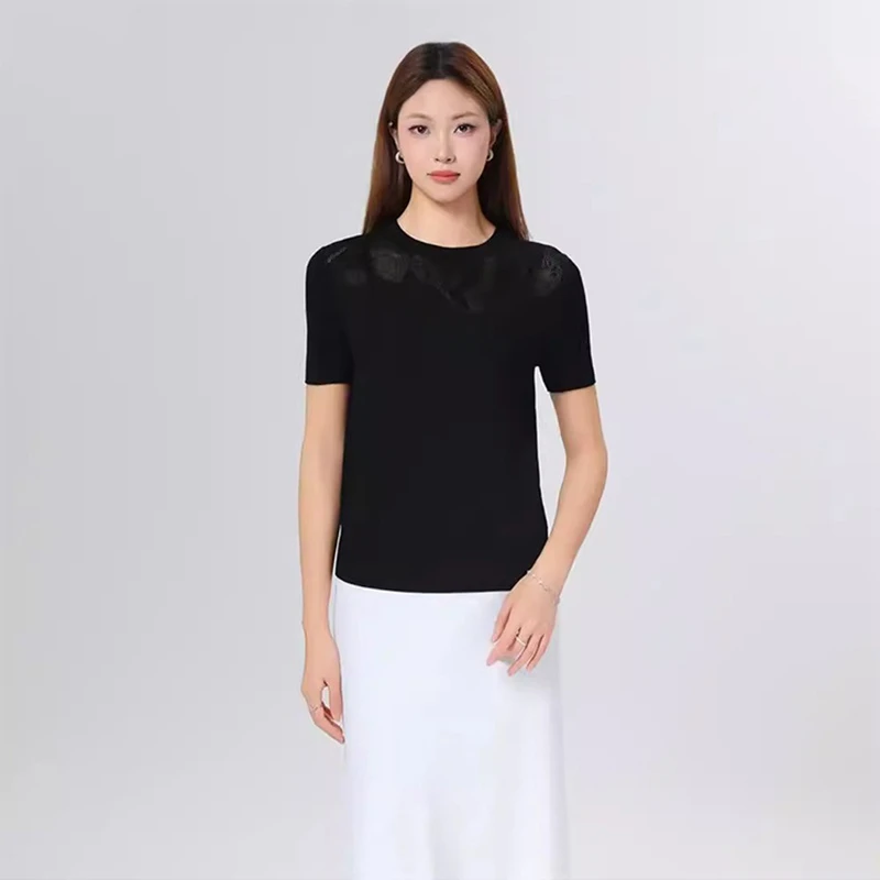 商城同款2025年春夏季新款女装修身镂空印花针织冰丝短袖T恤女