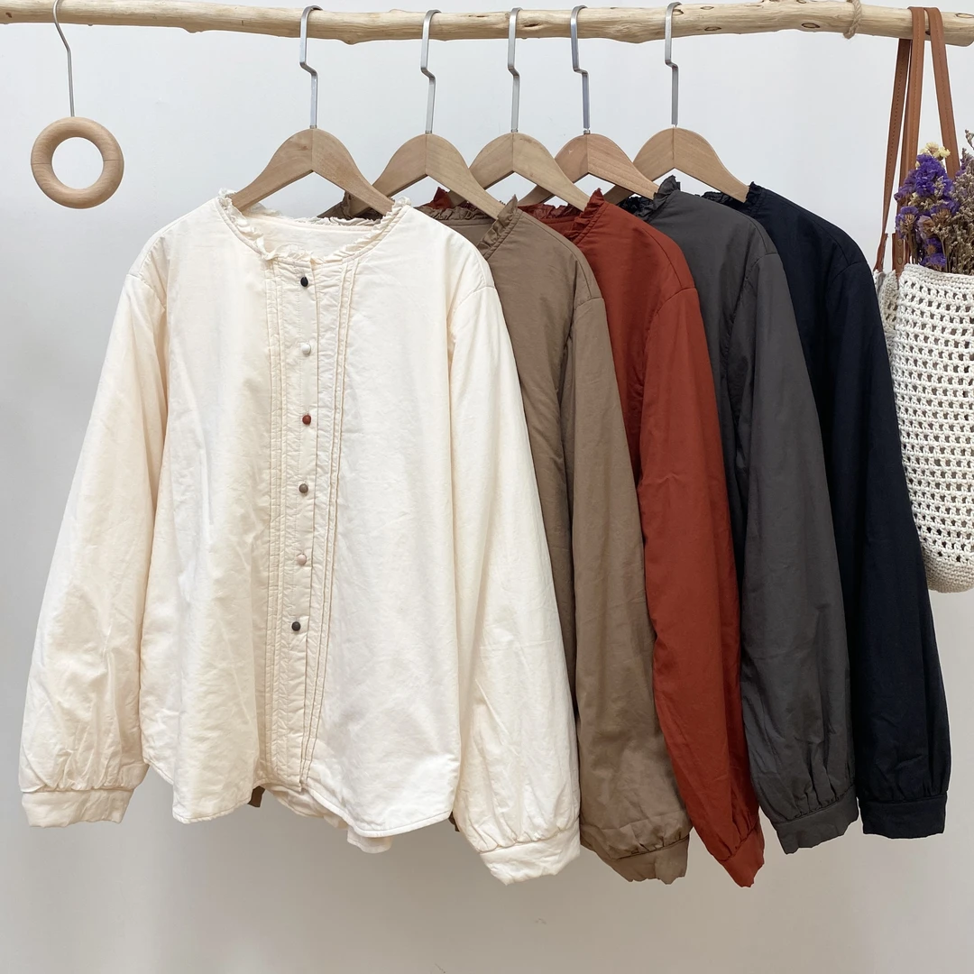 【木耳边彩扣捏褶棉服外套】4559