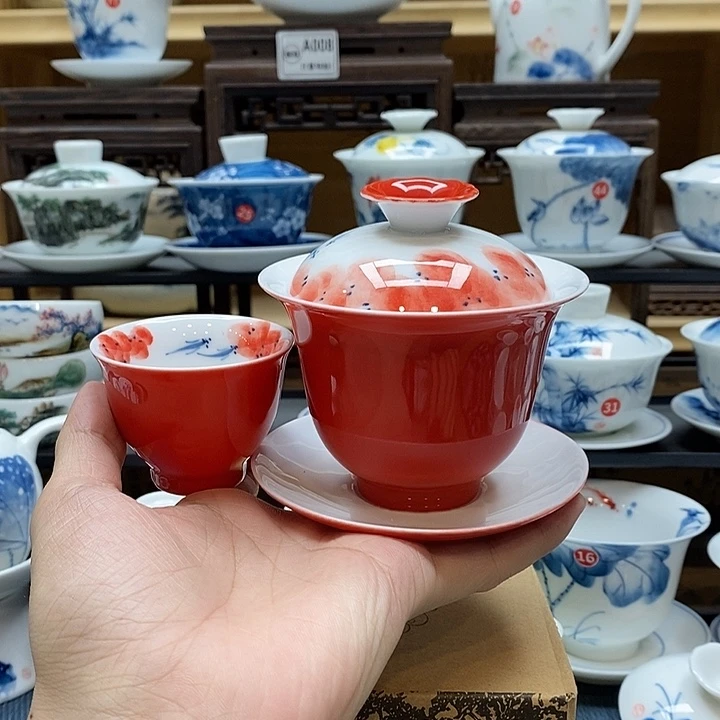 手绘龙船花盖碗160cc➕同款杯子釉下彩微瑕福利款