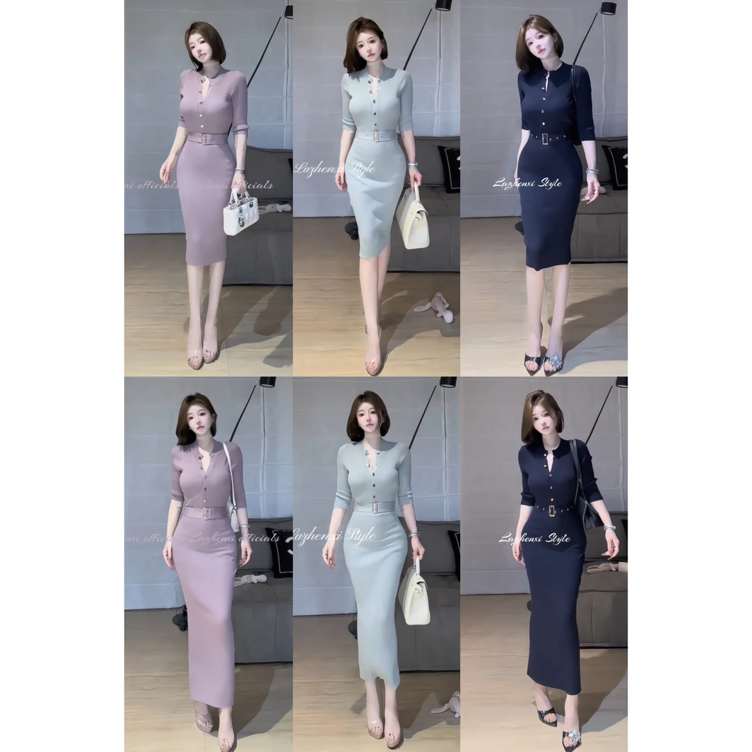 希野逸儿/气质圆领中袖修身单排扣包臀开叉针织连衣裙女秋季新款