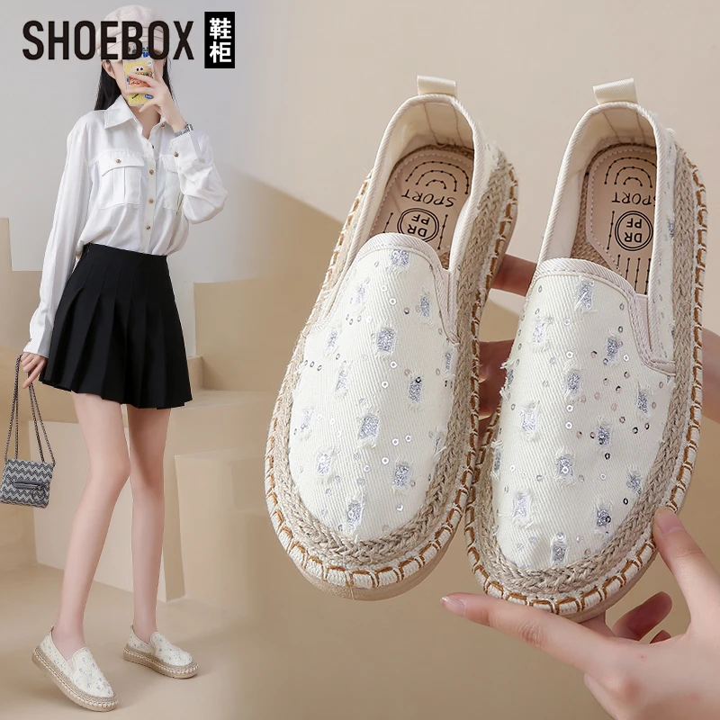 SHOEBOX鞋柜一脚蹬渔夫鞋女2025夏季新款透气休闲百搭老北京布鞋
