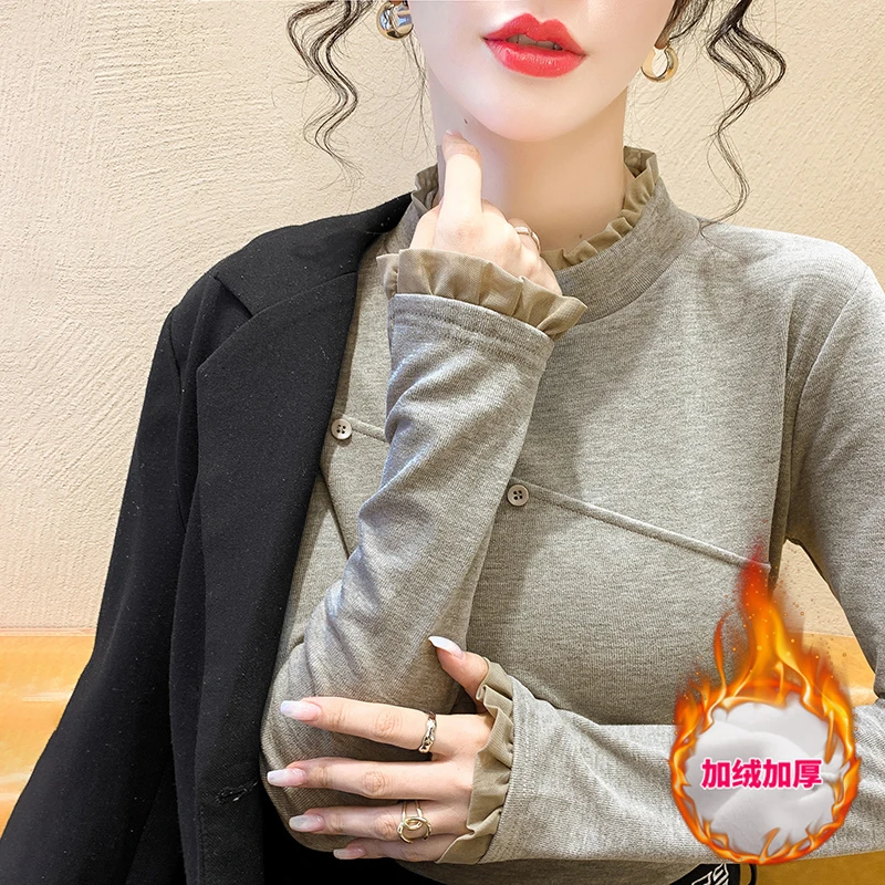 半高领打底衫女内搭春秋冬德绒2025新款中领长袖t恤保暖蕾丝上衣