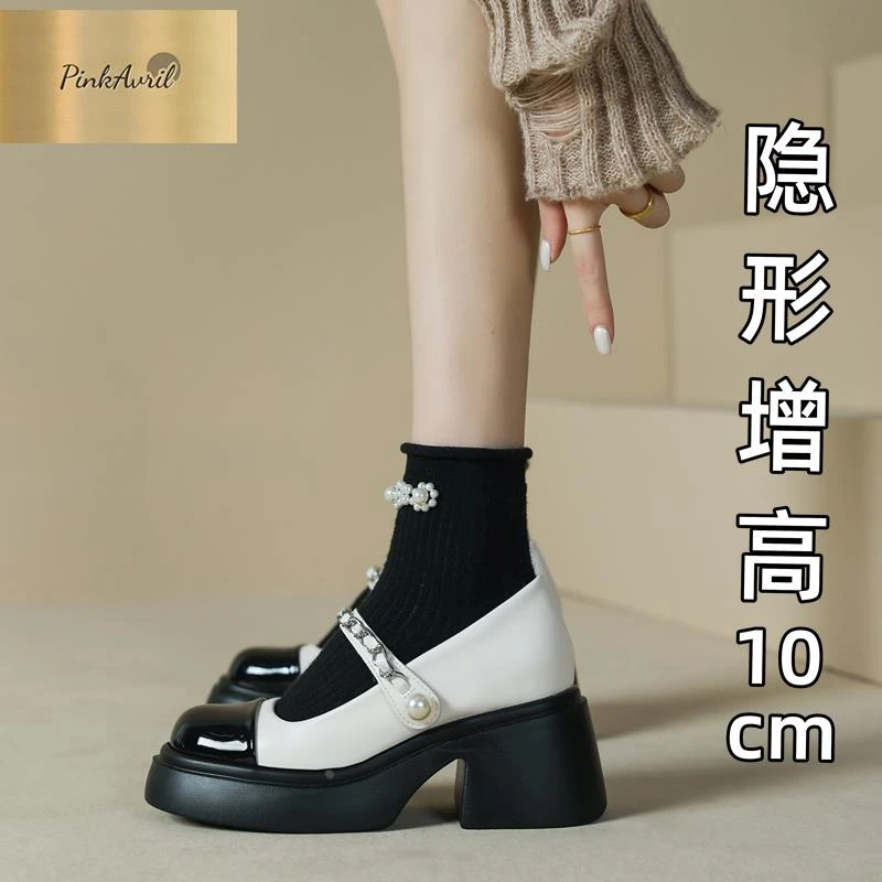 PinkAvril玛丽珍小皮鞋女2025秋冬季新款内增高厚底黑白一字带小