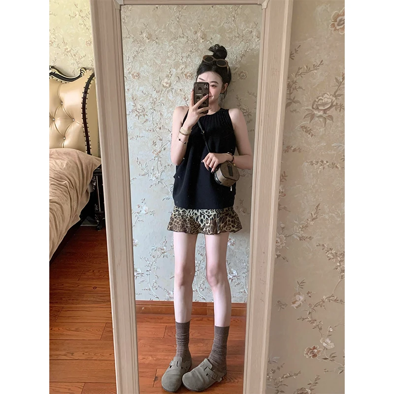 针织挂脖上衣圆领无袖背心小衫豹纹半身裙网纱A字短裙女时尚套装