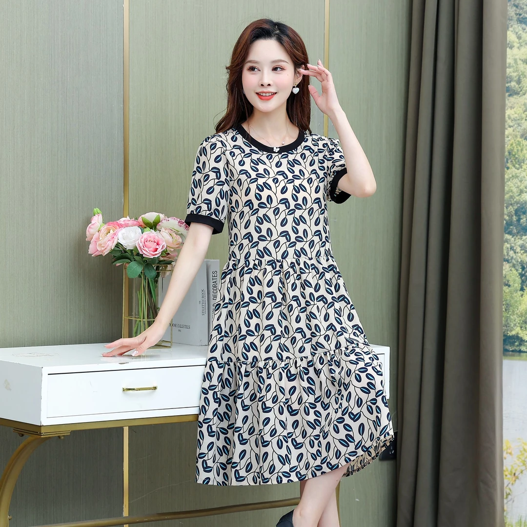 9648-夏季宽松气质风百褶收腰显瘦印花碎花圆领连衣裙（F仓）