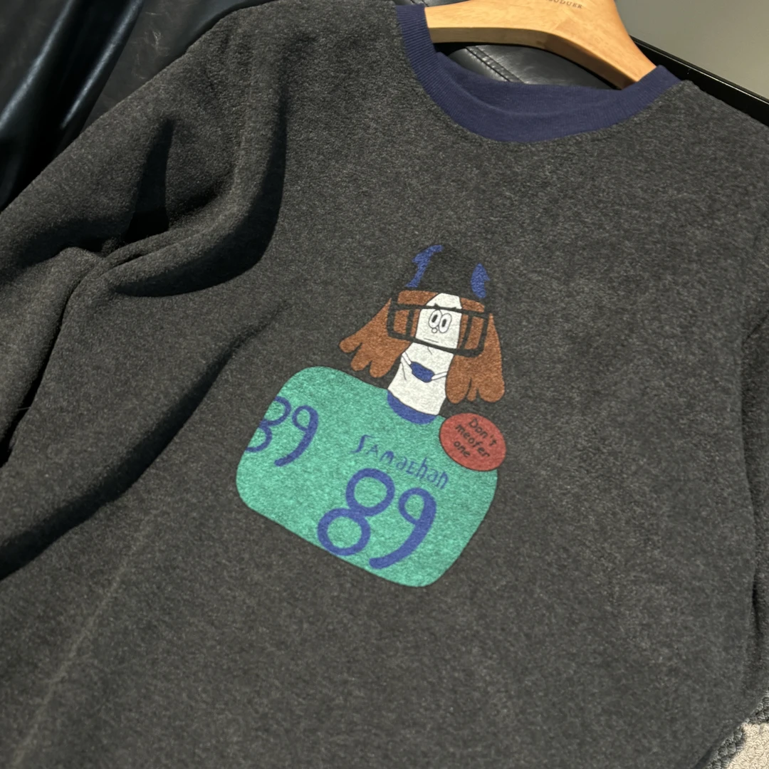 【慵懒数字】中长款长袖T恤百搭卡通印花小众时尚撞色圆领女上衣