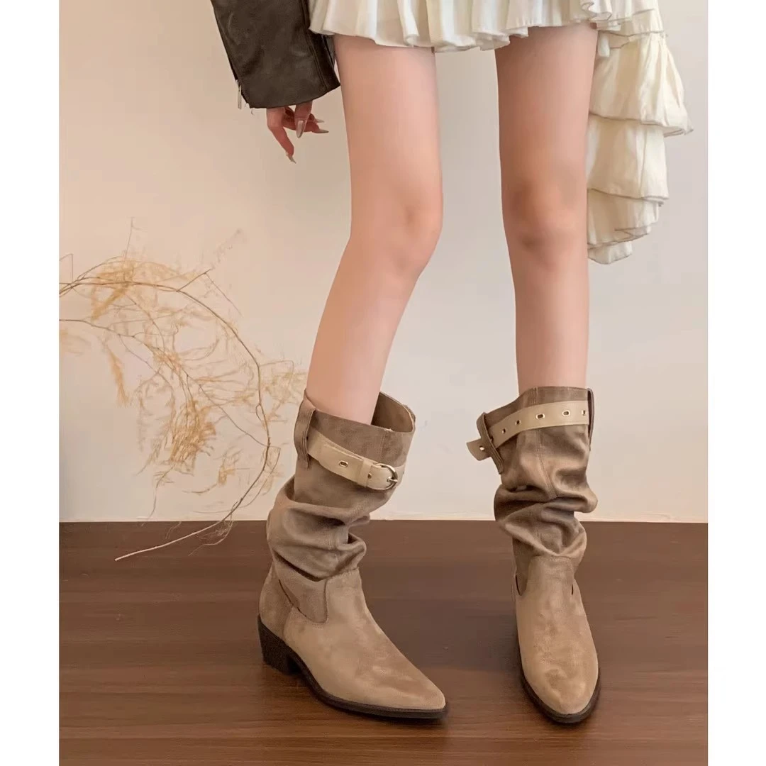 复古褶皱堆堆靴美式慵懒风女秋冬尖头西部牛仔皮带扣长靴时装靴