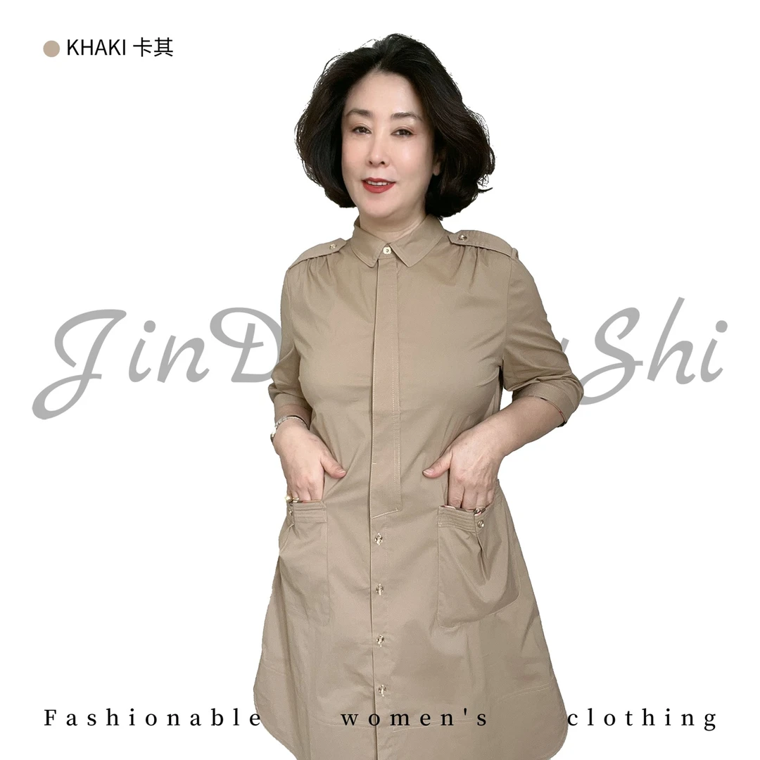 翻领口袋单排扣拼格短袖连衣裙 中年妈妈时尚百搭气质翻领9613