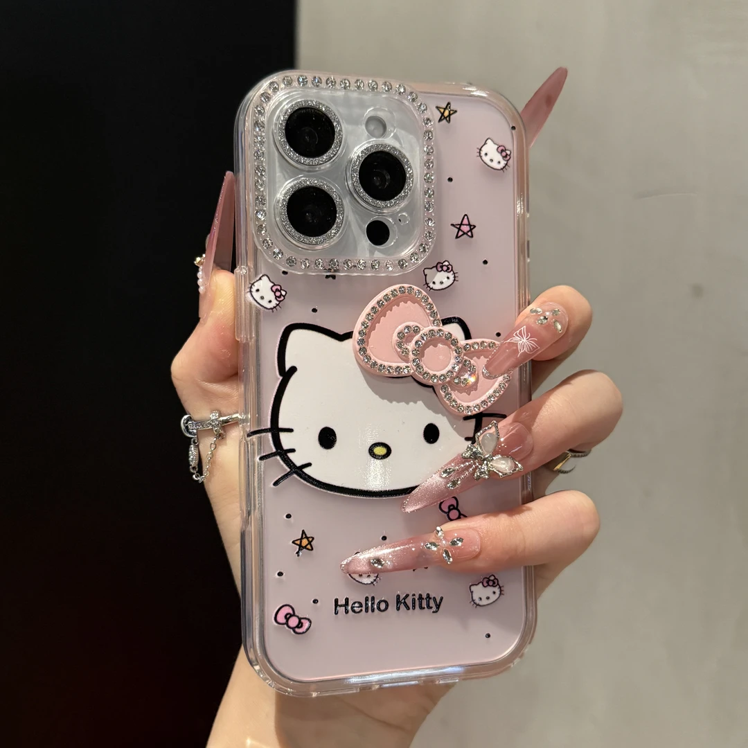 高颜值立体镶钻蝴蝶结KT猫适用苹果16手机壳iPhone15promax简约14