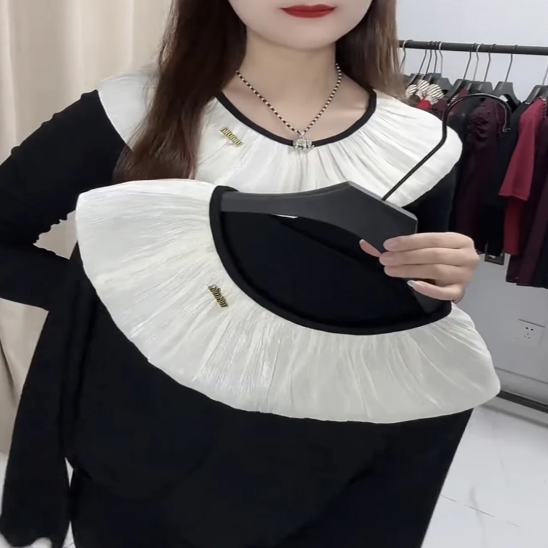 荷叶边长袖T恤法式洋气减龄圆领打底衫时尚百搭上衣修身显瘦女装