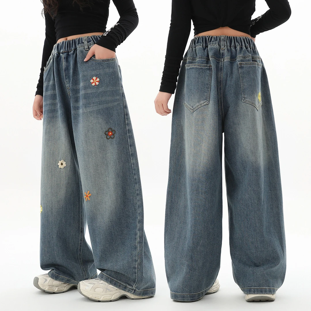 胖女童牛仔裤春秋装中大童加肥加大码宽松阔腿直筒裤初中女孩裤子