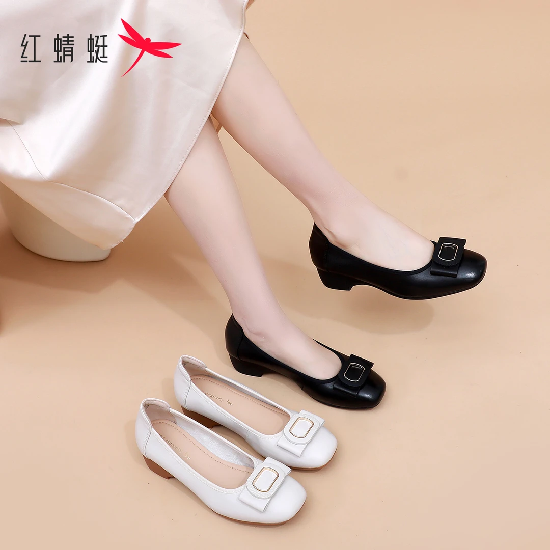 红蜻蜓舒适女士单鞋2025秋季款真皮粗跟软底工作久走不累脚妈妈鞋