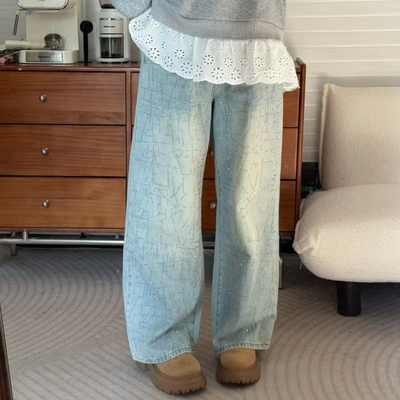 【碎梦星河】时尚设计感烫钻牛仔裤宽松显瘦阔腿裤微胖大码女长裤