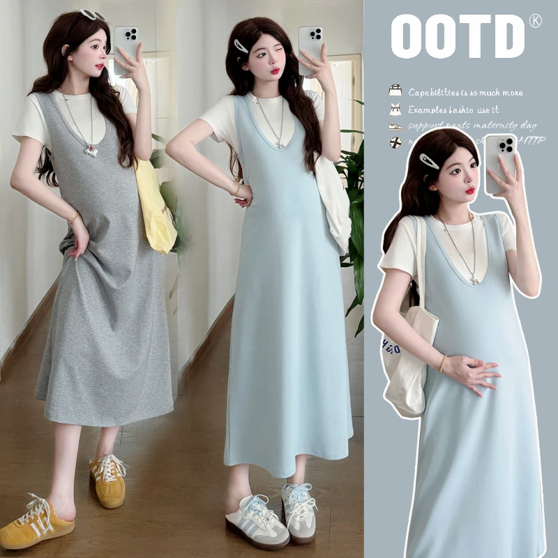 YNVO时尚~2025夏装新款韩版时尚孕妇上衣+背心裙两件套套装