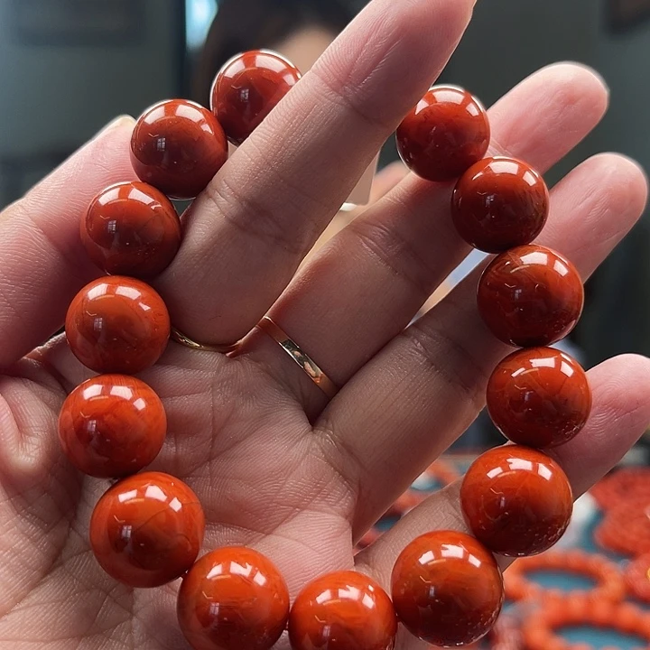 南红玛瑙未镶嵌瓦西牛血火焰纹圆珠14mm