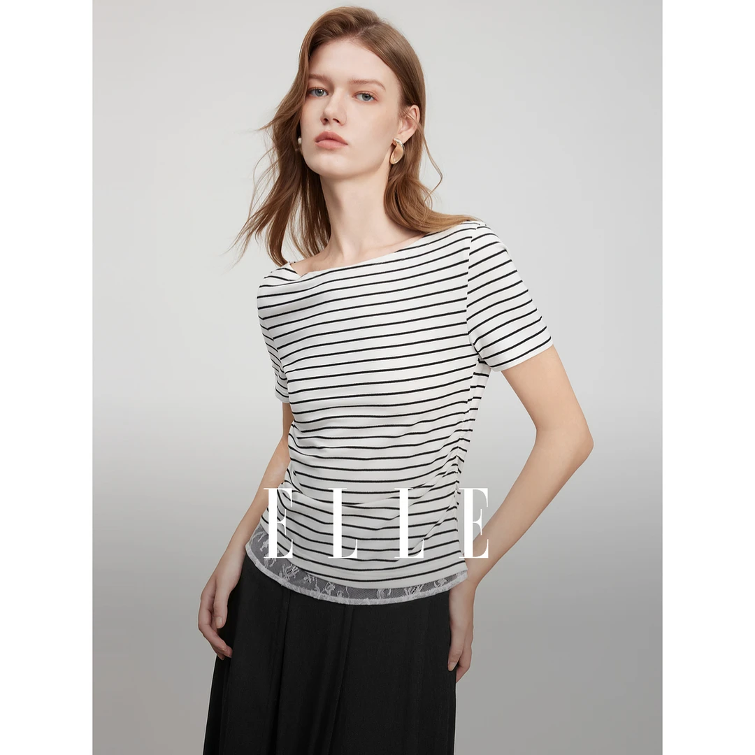 ELLE黑白条纹设计感蕾丝拼接短袖女2025夏新款优雅通勤风ET51068