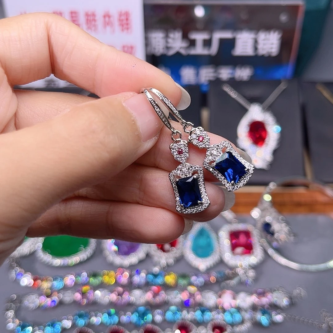 蓝宝石耳饰银S925镶嵌c z 14
