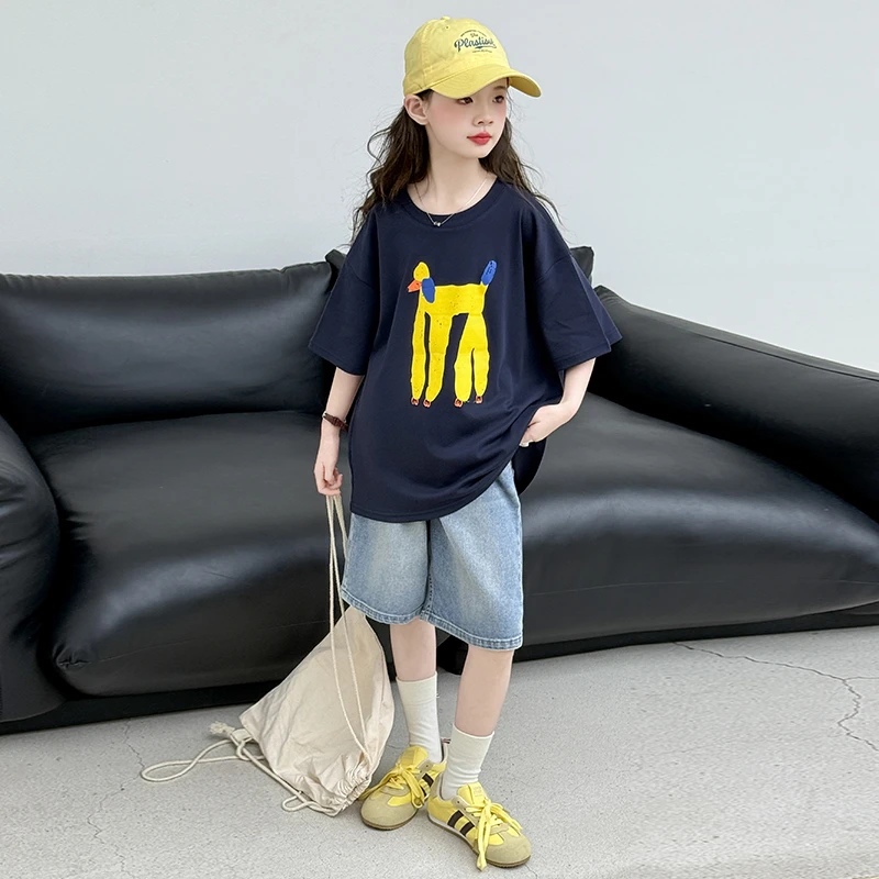 女童夏装短袖牛仔中裤套装洋气时尚2025新款中大童潮流休闲两件套