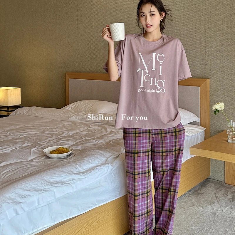 拾润粉色格子裤家居服夏季休闲纯棉柔软舒适时尚睡衣女
