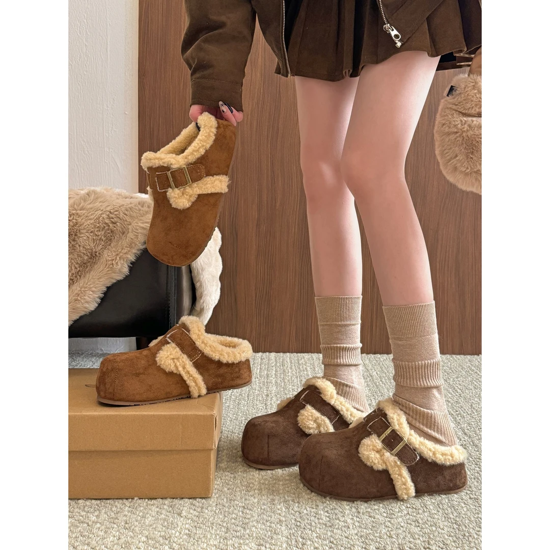 啄木鸟勃肯鞋女2025新款秋季复古百搭爆款毛茸茸加绒加厚包头半拖