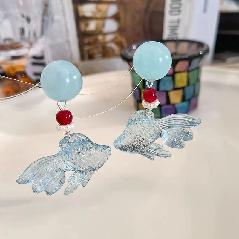 非金属树脂耳饰 海洋沙滩系列耳饰蓝色金鱼夏日度假梦幻耳钉耳环