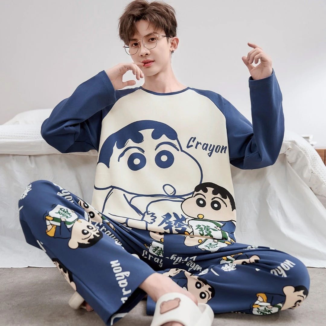 睡衣男款春秋季纯棉长袖薄款卡通青少年学生大码家居服套装可外穿
