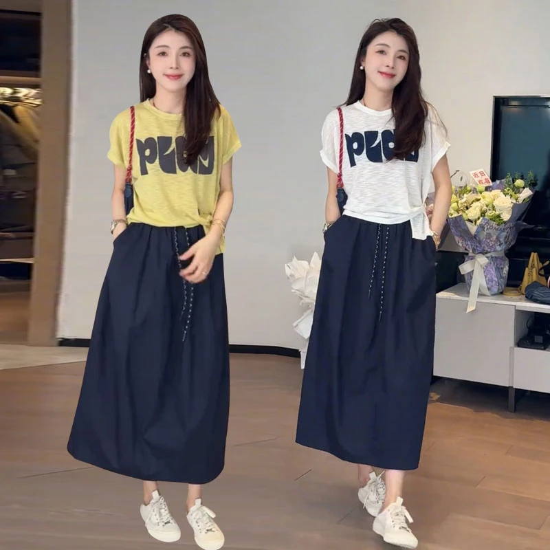 爆款设计感夏季休闲套装女装不规则短袖针织衫+半身裙时尚两件套