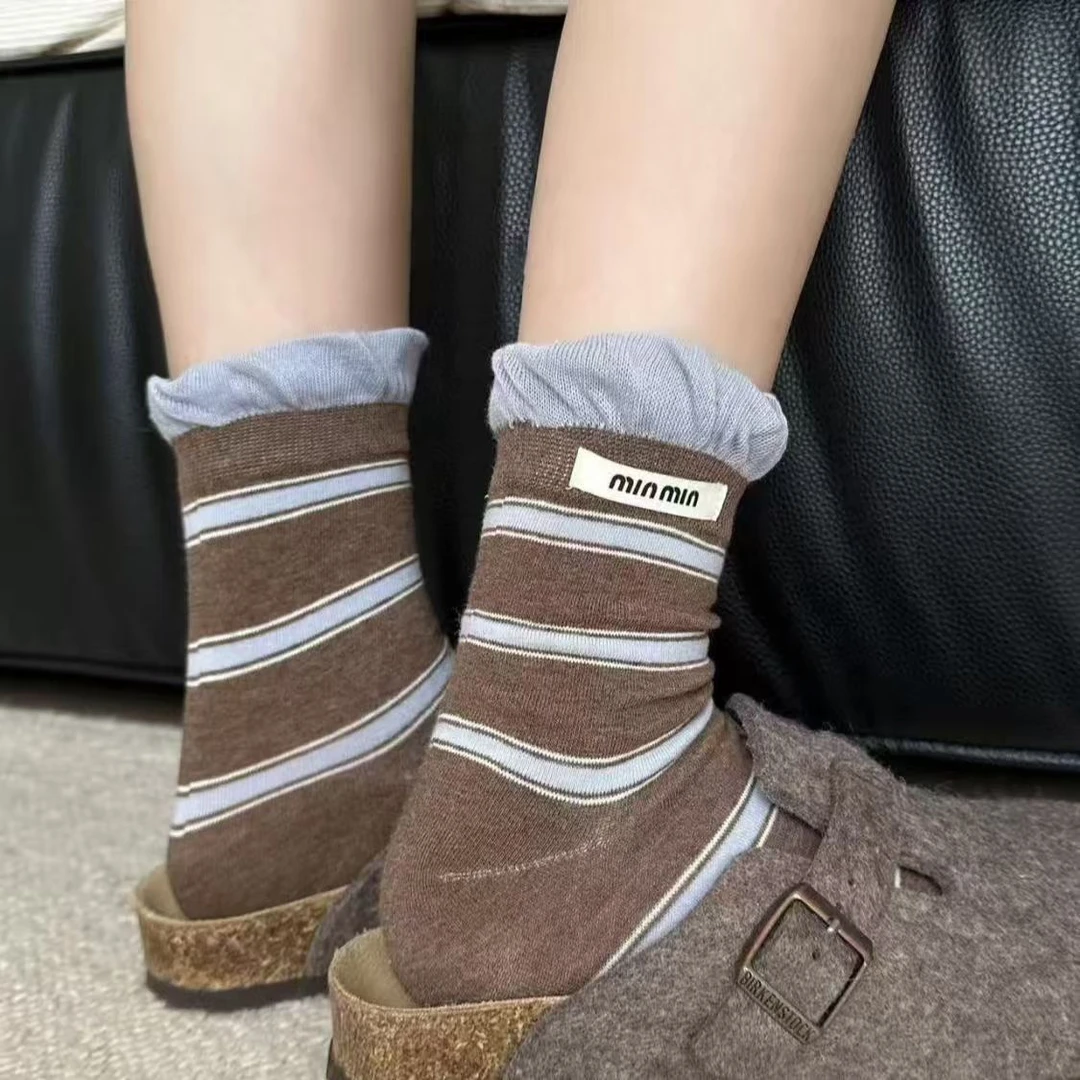 韩系泡泡口条纹秋冬袜子女中筒复古百搭布标罗口拼色堆堆袜学院风