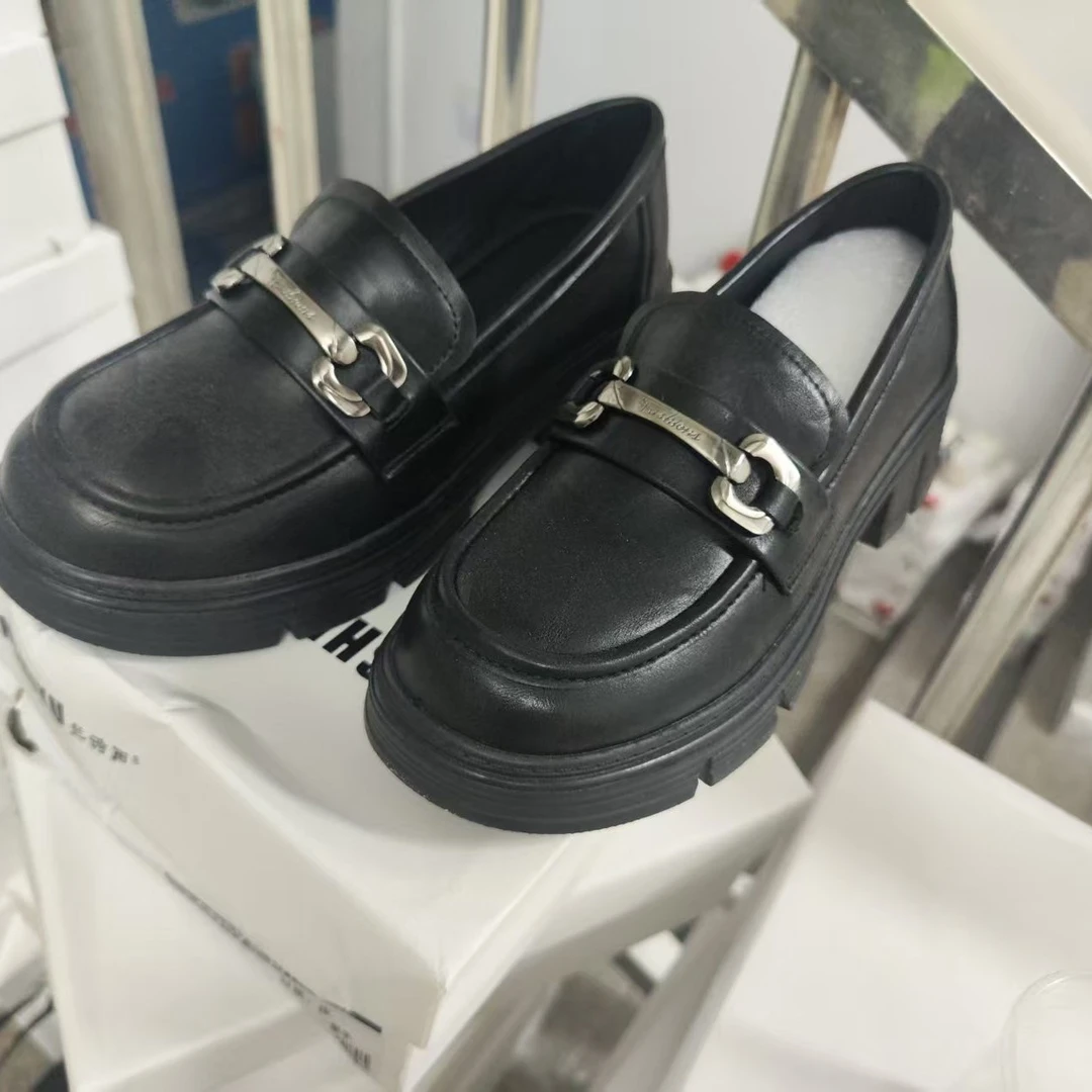 0063春季乐福鞋黑色中跟女款圆头休闲风中口平底