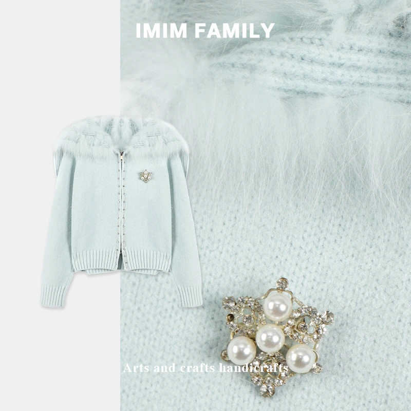 “雾蓝柔领”法式浪漫风钻饰点缀毛衣外搭别致时尚针织上衣