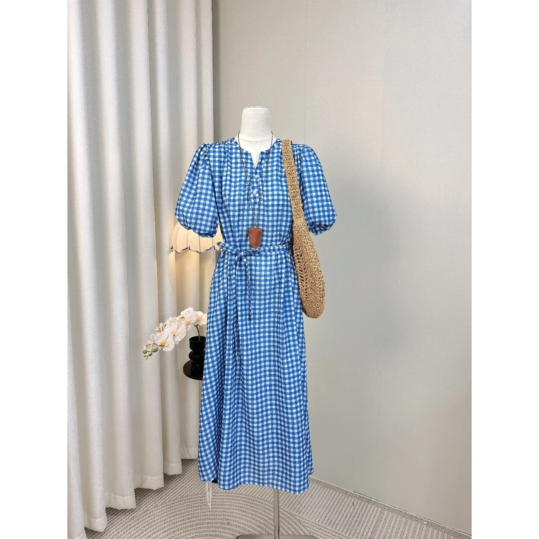 法式超仙森系泡泡袖绑带收腰格子连衣裙女夏季显瘦气质中长款裙子