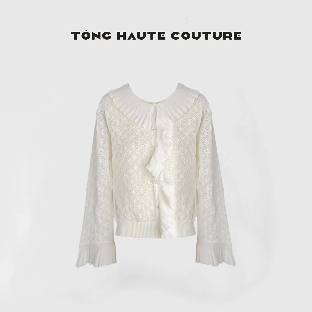 【花邂】亚麻春季浪漫勾花镂空欧若风喇叭袖针织衫 YY006