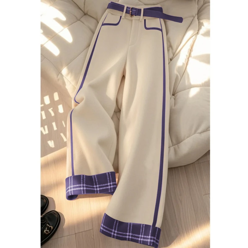 2024年冬季新款小个子高级感独特别致高腰白拼紫格纹直筒阔腿裤女