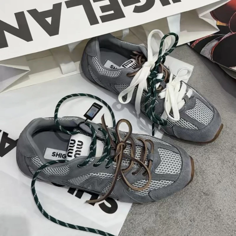 诗歌兰时尚拼色德训鞋女2025年新款真皮网面透气运动休闲鞋3519-5