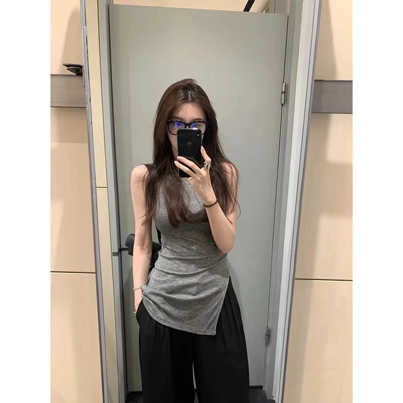 夏季辣妹开叉无袖背心女紧身显瘦纯色外穿打底上衣高腰垂感阔腿裤