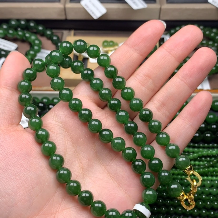 【闪购商品】颈饰未镶嵌和田玉（碧玉）8m辣菠菜绿无黑