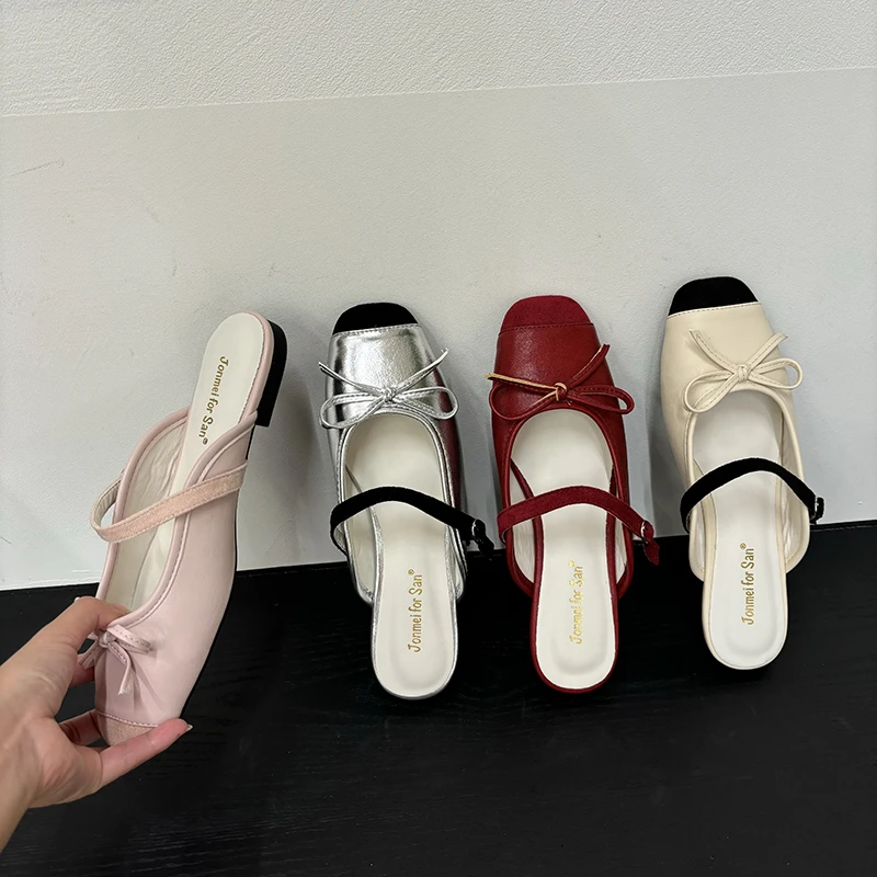 包头法式内增高蝴蝶结半拖鞋女夏季外穿韩版增高凉拖鞋女
