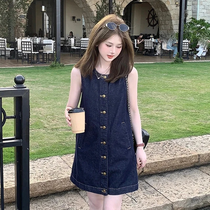美式复古深蓝色小个子牛仔无袖连衣裙夏季新款设计法式小香风短裙