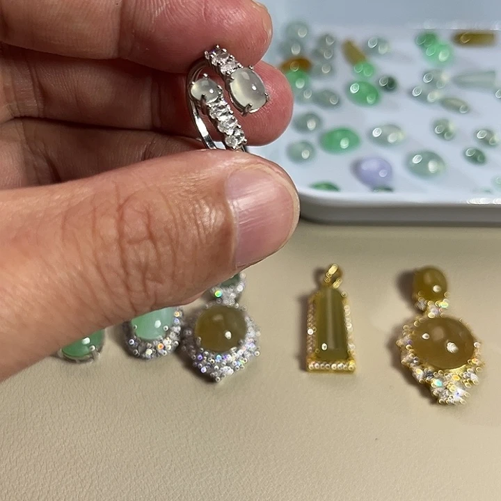 翡翠银S925镶嵌戒指缅料A货翡翠