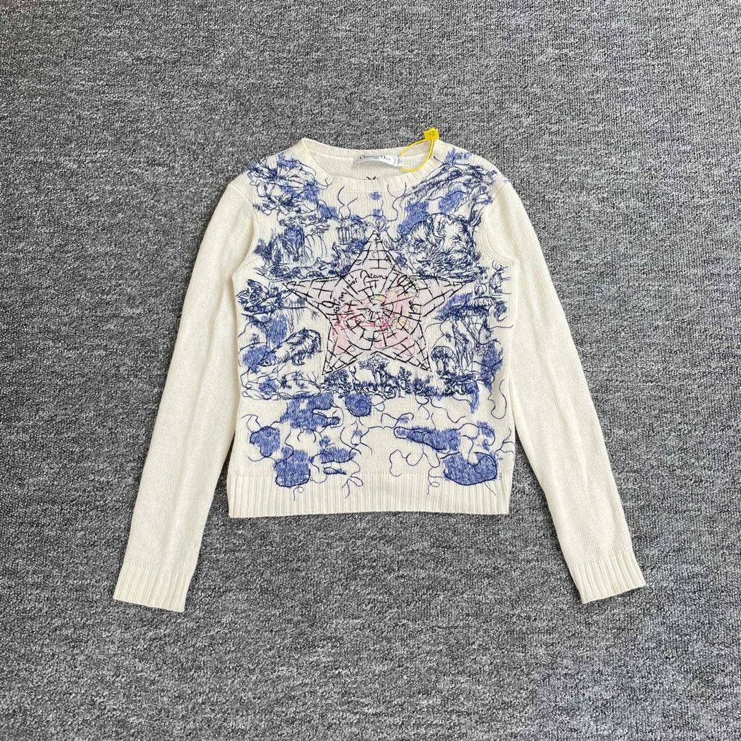 99新 DIOR/迪奥 2187/DIOR 米色图案刺绣针织套头毛衣/34码/97