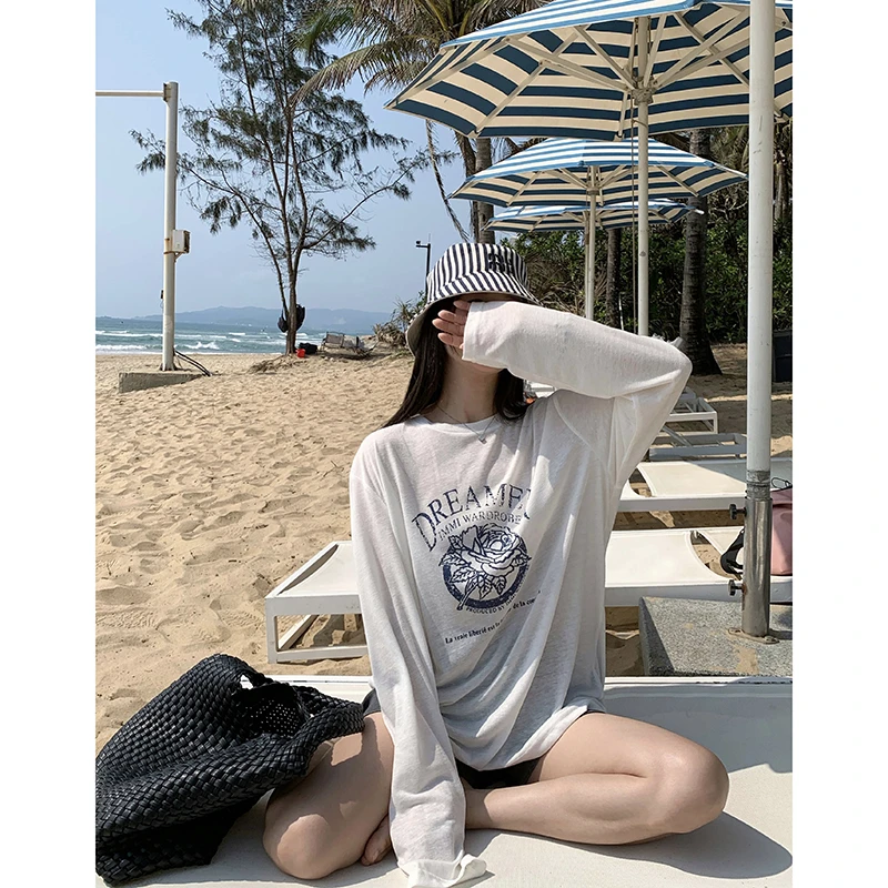 EKOOL衣库 亚麻防晒印花长袖T恤女夏季宽松百搭显瘦轻薄圆领上衣