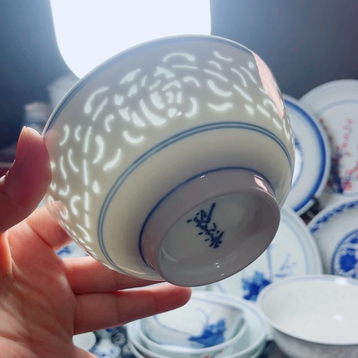青花玲珑5寸饭碗满雕双福双线