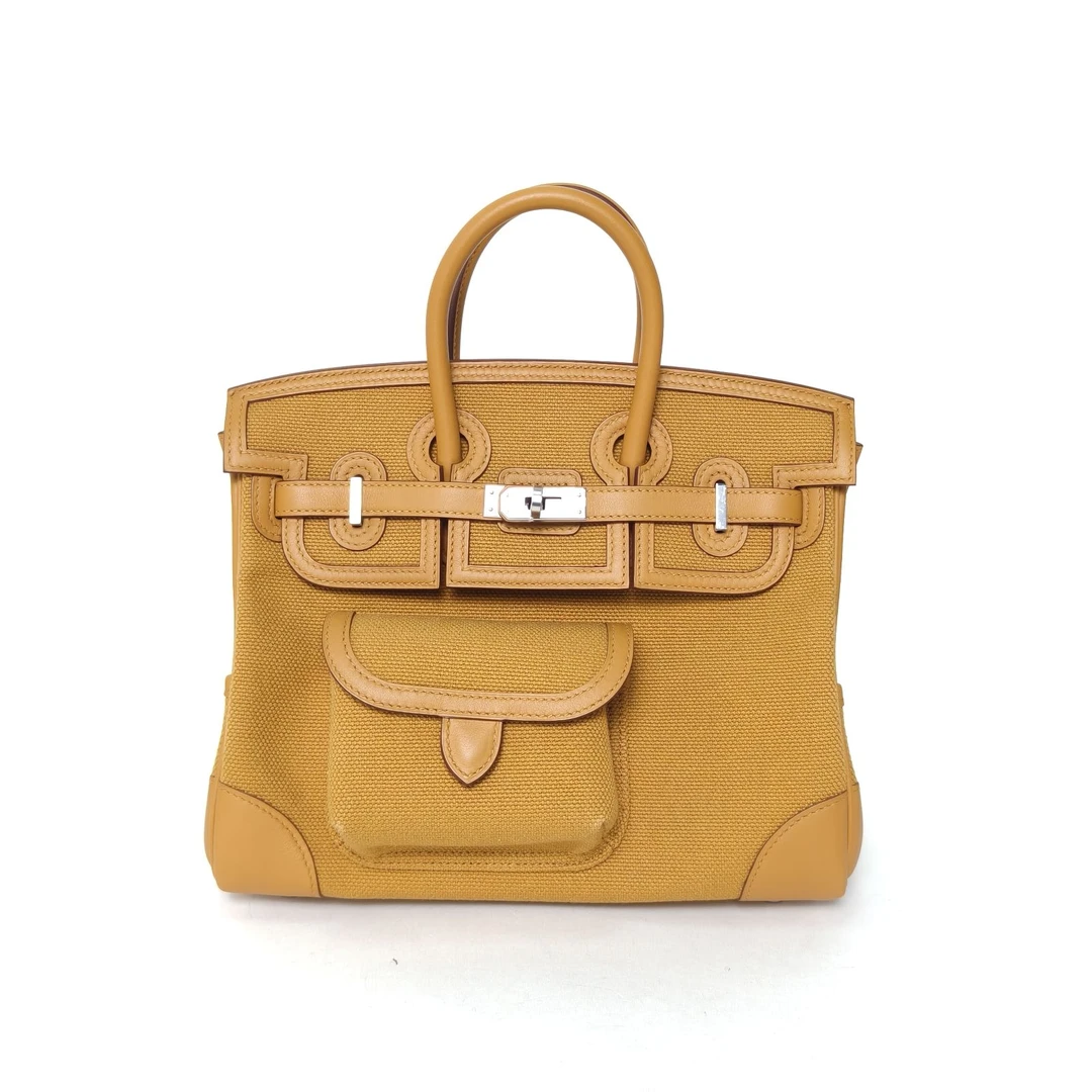 99新 Hermes/爱马仕 小花柳birkin 25沙漠金 Swift 帆布Z刻 银扣