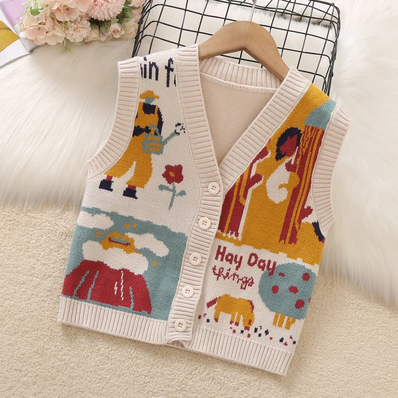 女童毛衣马甲秋装2025新款洋气漫画儿童装背心马夹大童外穿针织衫