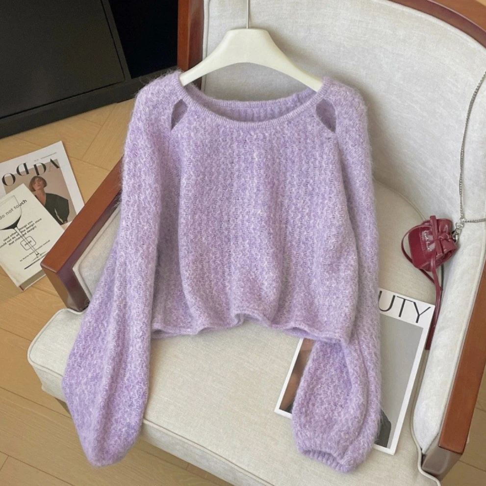 甜美镂空套头毛衣女秋冬设计感软糯显瘦内搭针织衫短款上衣