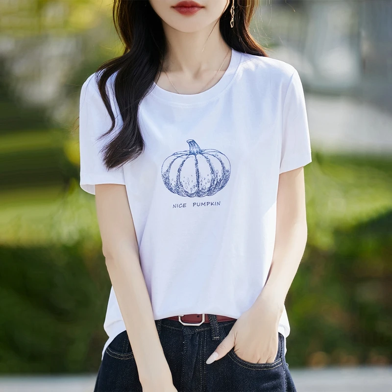 甄选丝光棉针织女T恤夏季韩版休闲针织短袖 简约宽松女士圆领半袖