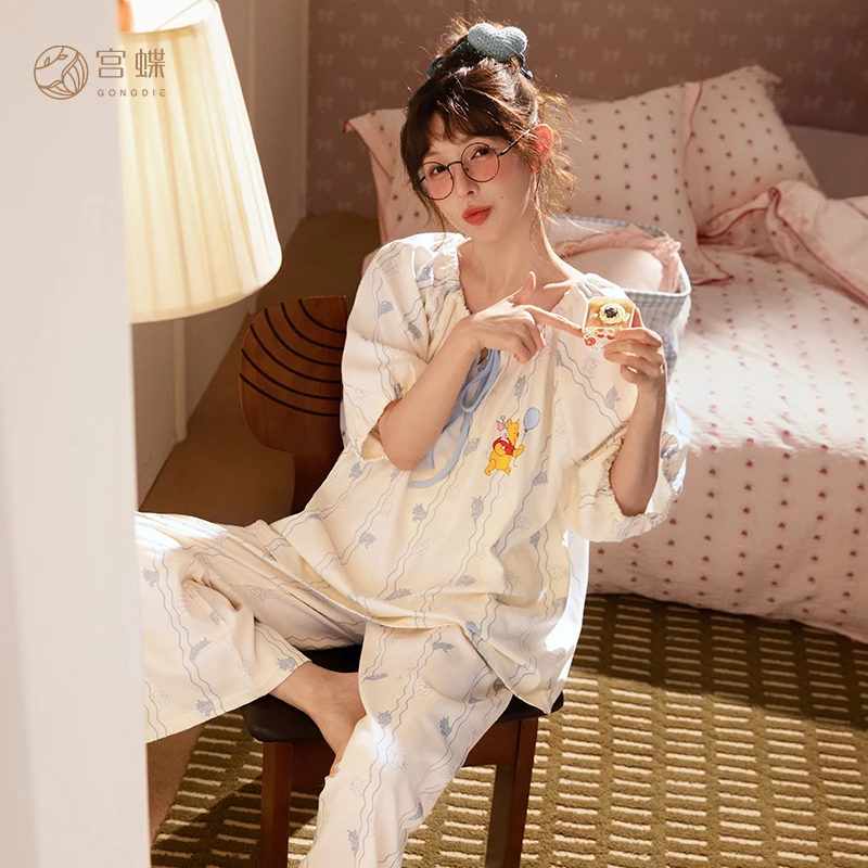 宫蝶【凉感型】迪士尼噗噗熊睡衣女士夏季纯棉短袖长裤家居服套装