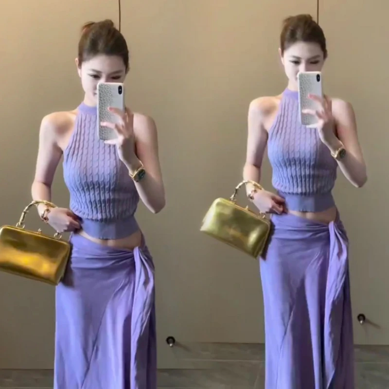 法式气质紫色针织挂脖女夏季外穿修身上衣紫色绷带不规则半身裙