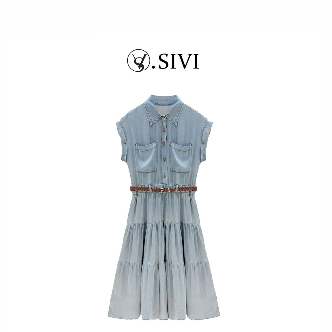 【法式轻奢】2025夏季超薄牛仔连衣裙H2767显瘦